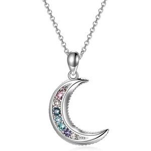 Sterling Silver Crescent Moon Necklace for Women, Moon Pendant with Crystals